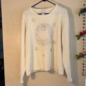 EUC VINTAGE ORVIS Holiday sweater in cream color with silver, embroidered bow, s